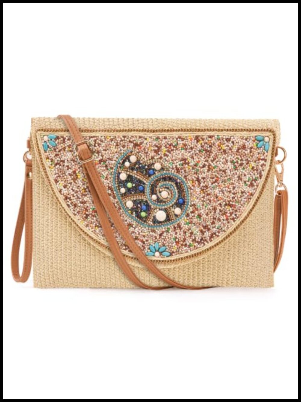 Boho Beaded Straw Shoulder Crossbody Clutch Purse for Women Summer Beach Shell